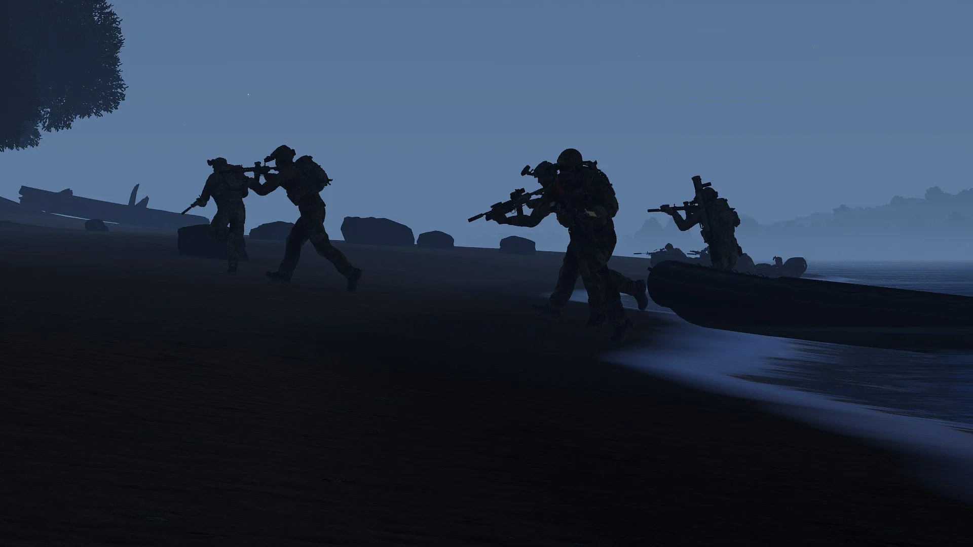 Four soldiers in tactical gear wading out of the water onto a beach at dusk or dawn, with trees and rocks in the background.