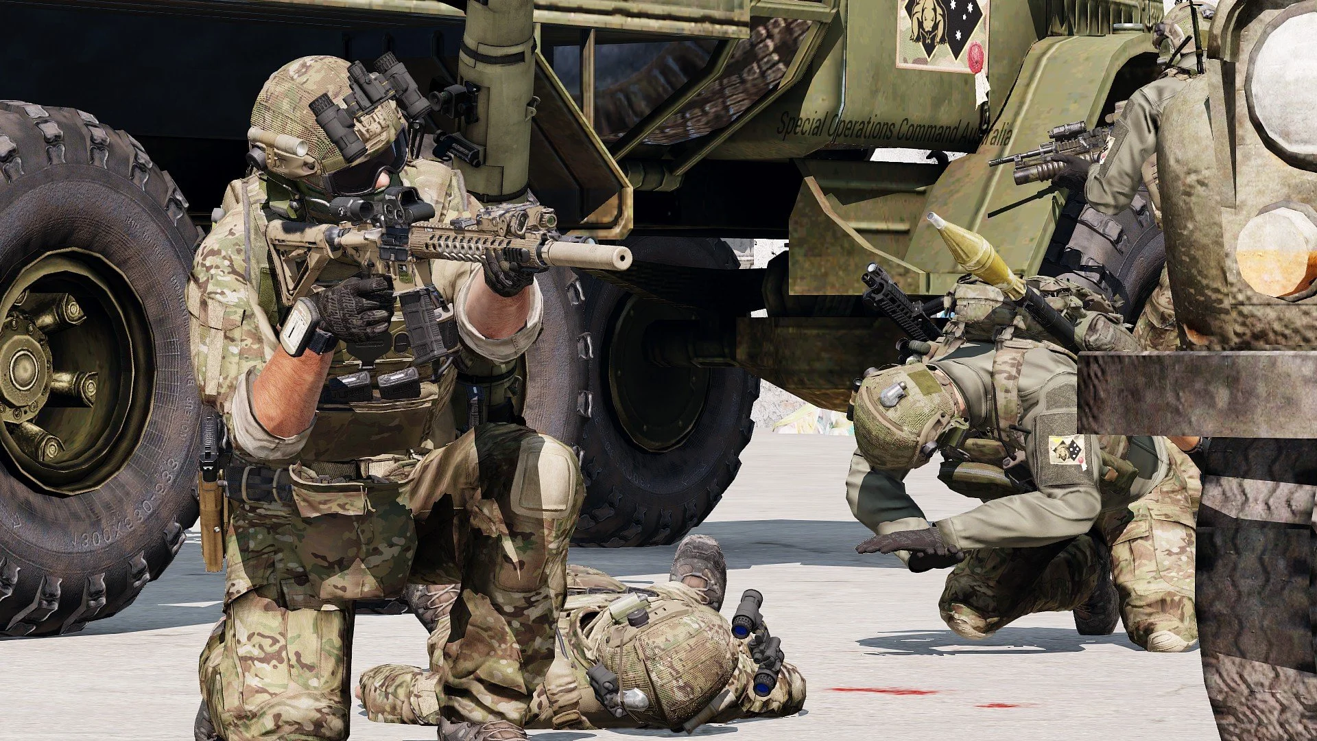 Military soldiers in camouflage uniforms, one aiming a rifle from behind cover, others kneeling or lying on the ground beside a large military vehicle with the text 'Special Operations Command Australia' and a badge on the side.