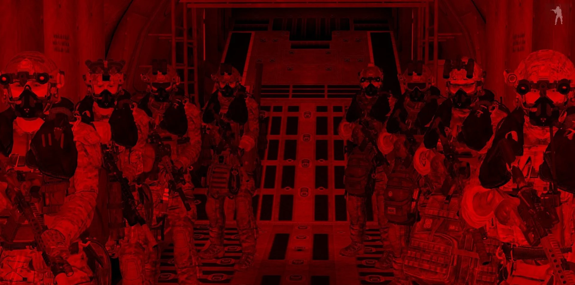 A group of military soldiers in tactical gear aboard a helicopter, tinted with a red filter.