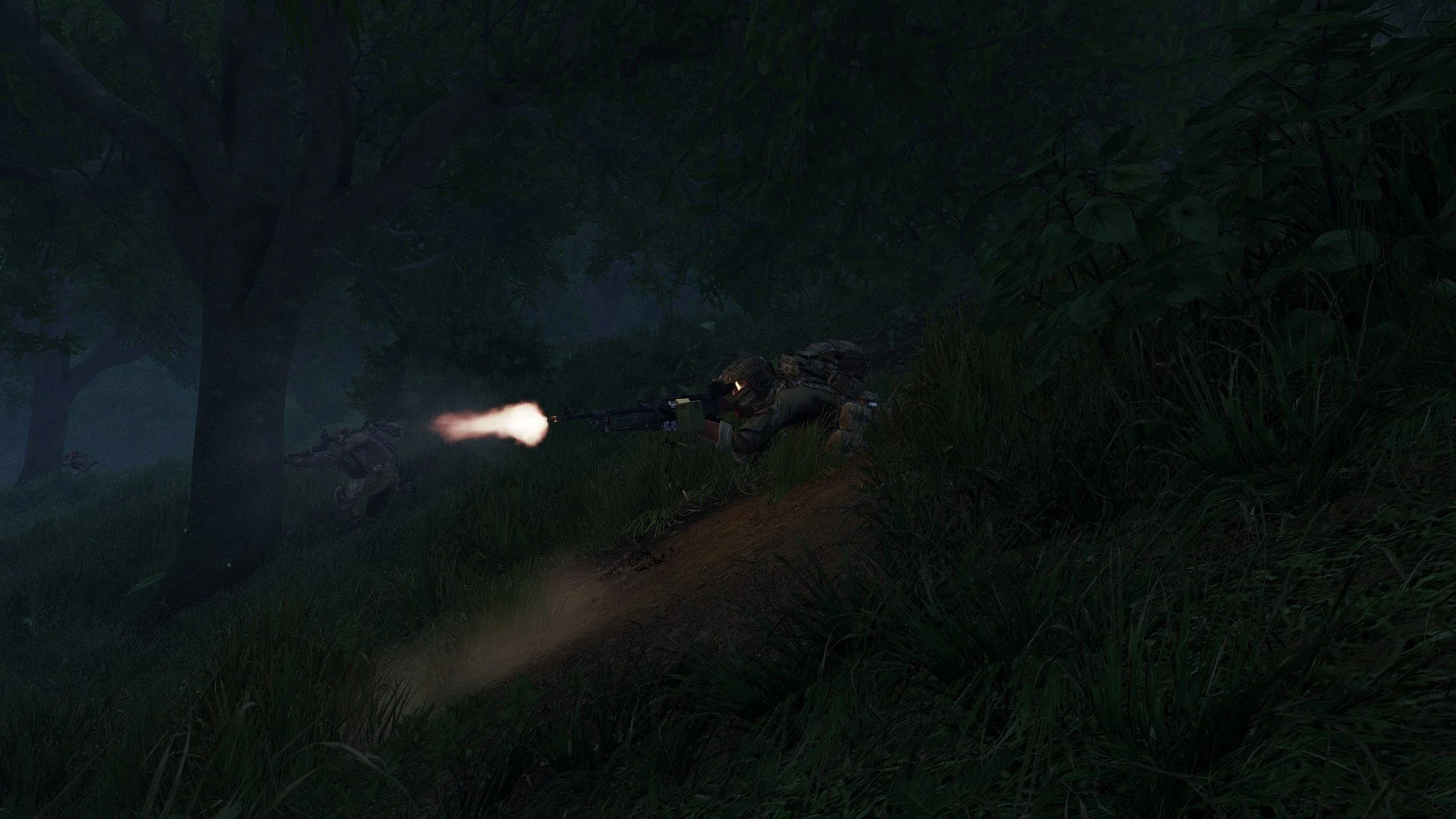 Military soldiers in camouflage gear engaging in combat in a dense forest during nighttime, with one soldier firing a weapon.