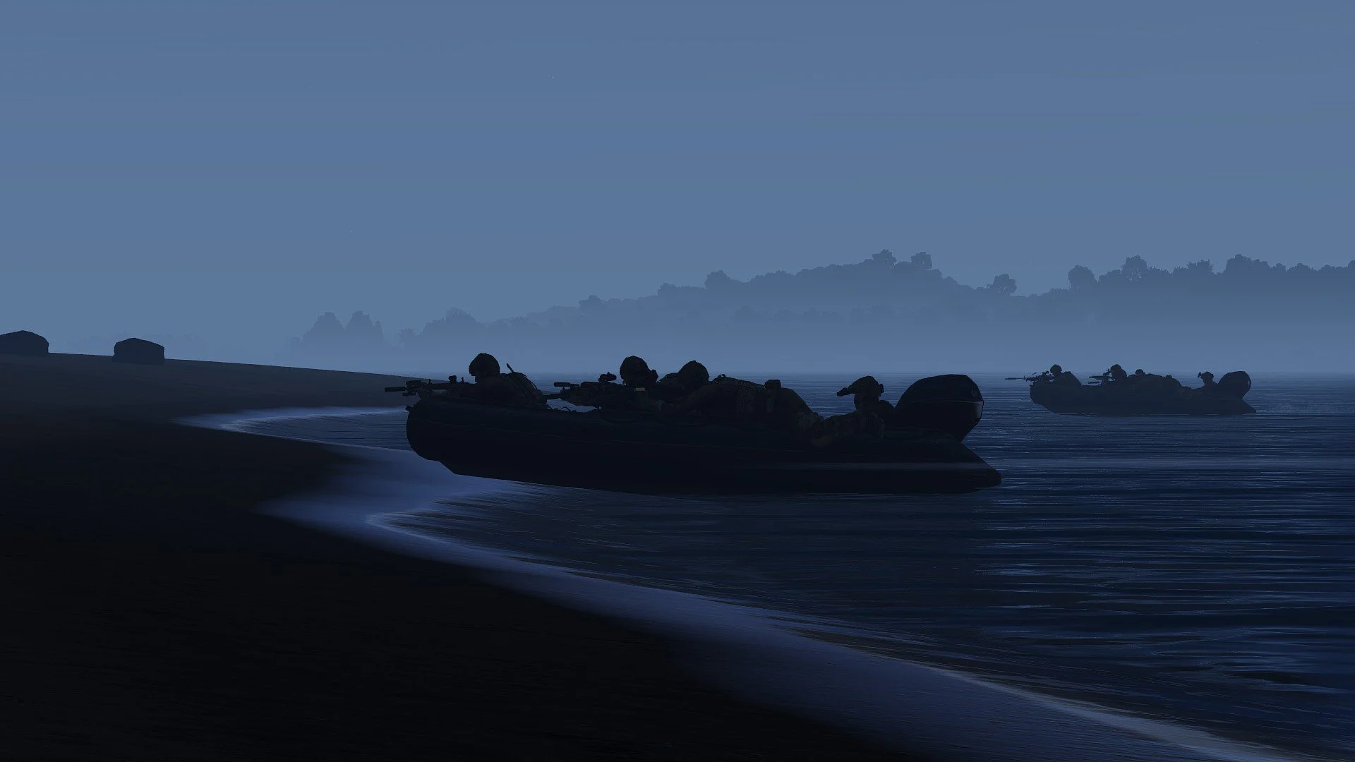 Silhouettes of military boats with soldiers on board moving across calm water at dusk or dawn, with distant trees and hills in the background.