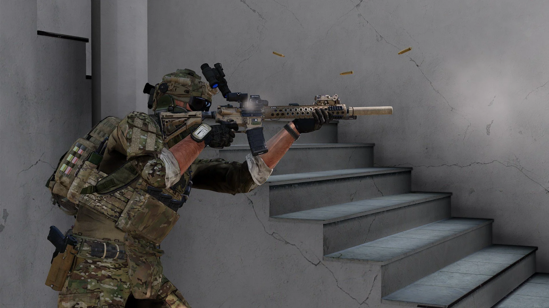 Soldier in camouflage tactical gear aiming a rifle with a suppressor while taking cover behind stairs, with bullet casings in mid-air.